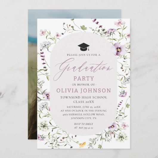 Aquarellfarbe Rosa Lila Wildblume Abschluss Einladung (Vorne/Hinten)