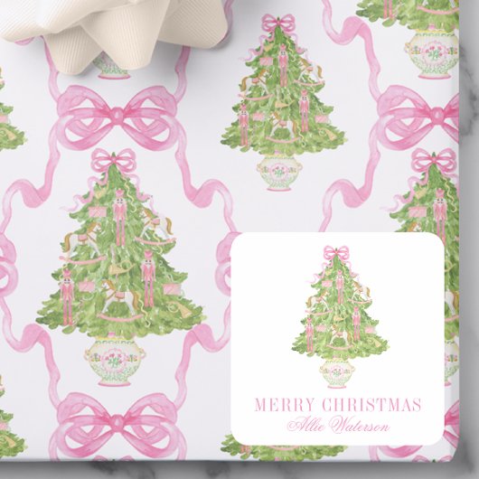 Aquarellfarbe Rosa Nutcracker Weihnachten Baum Quadratischer Aufkleber
