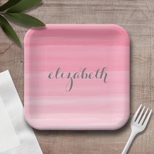 Aquarellfarbe Rosa Ombre Feminine Monogram Name Pappteller