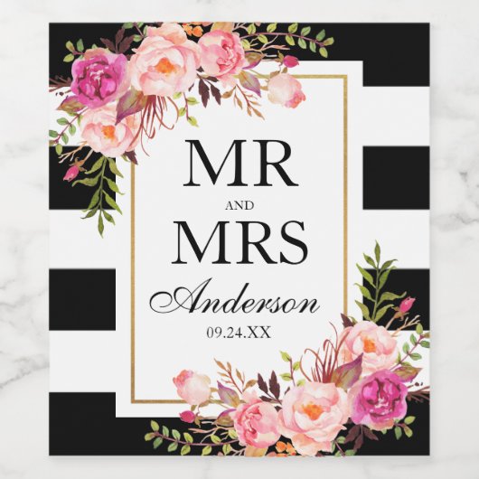 Aquarellfarbe Rosa Schwarz-weiß Streifen Weinetikett (Einzelnes Label)