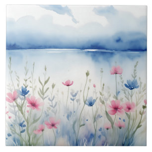 Aquarellfarbe Rosa und Blaue Wilde Blume Wildblume Fliese