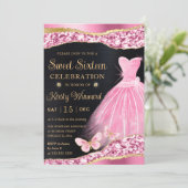 Aquarellfarbe Rosa und Gold Glitzer Kleid 16 . Geb Einladung (Stehend Vorderseite)