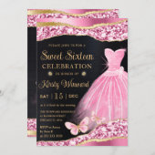 Aquarellfarbe Rosa und Gold Glitzer Kleid 16 . Geb Einladung (Vorne/Hinten)