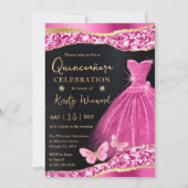 Aquarellfarbe Rosa und Gold Glitzer Kleid Quincean Einladung (Vorderseite)