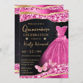 Aquarellfarbe Rosa und Gold Glitzer Kleid Quincean Einladung (Vorne/Hinten)
