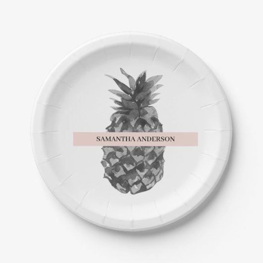 Aquarellfarbe Rosa und Graue Ananas | Ihr Name Pappteller (Vorderseite)