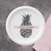 Aquarellfarbe Rosa und Graue Ananas | Ihr Name Pappteller