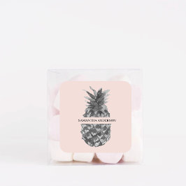 Aquarellfarbe Rosa und Graue Ananas | Ihr Name Quadratischer Aufkleber