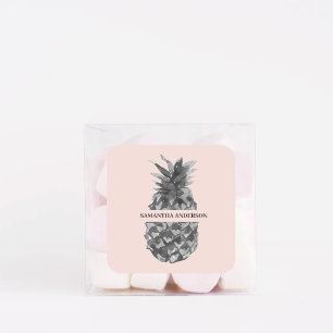 Aquarellfarbe Rosa und Graue Ananas   Ihr Name Quadratischer Aufkleber