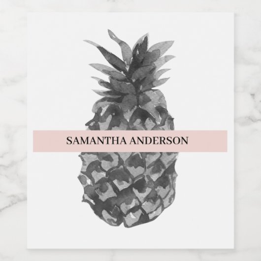 Aquarellfarbe Rosa und Graue Ananas | Ihr Name Weinetikett (Einzelnes Label)