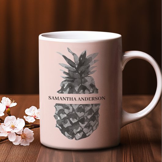 Aquarellfarbe Rosa und Graue Ananas | Ihr Name Zweifarbige Tasse
