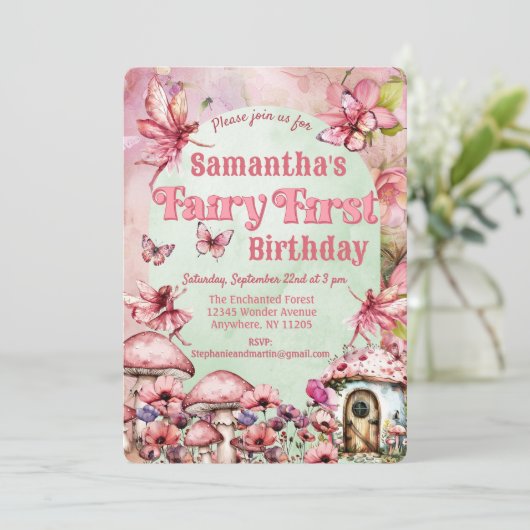 Aquarellfarbe Rosa und Grüne Märchen Erster Geburt Einladung (Stehend Vorderseite)