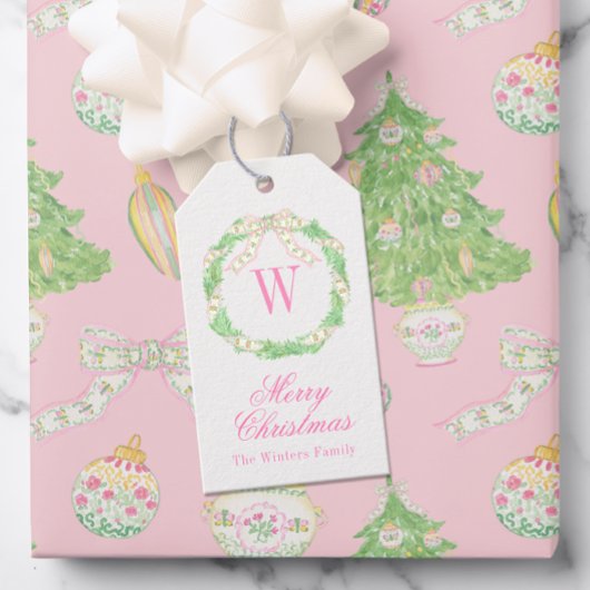 Aquarellfarbe Rosa und grüne Weihnachtsmonogramm Geschenkanhänger