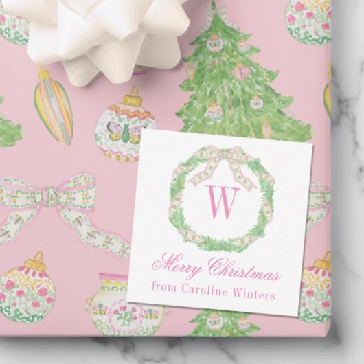 Aquarellfarbe Rosa und grüne Weihnachtsmonogramm Mitteilungskarte