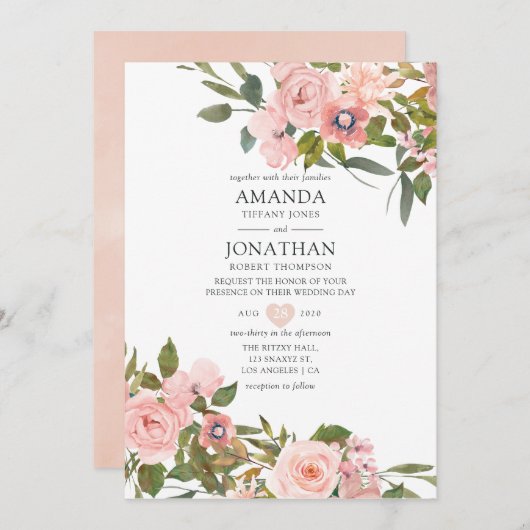 Aquarellfarbe Rosa und Rose Gold Rose Hochzeit Einladung (Vorne/Hinten)