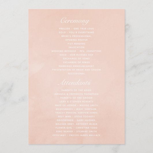 Aquarellfarbe Rosa und Rose Gold Rose Hochzeit Programm (Rückseite)