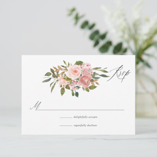 Aquarellfarbe Rosa und Rose Gold Rose Hochzeit RSVP Karte (Stehend Vorderseite)