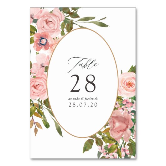 Aquarellfarbe Rosa und Rose Gold Rose Hochzeit Tischnummer (Vorderseite)