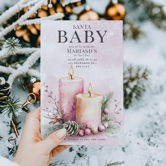 Aquarellfarbe Rosa WeihnachtenKerzen 1. Geburtstag Einladung