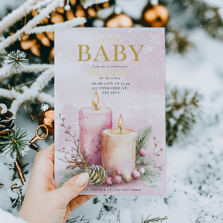 Aquarellfarbe Rosa WeihnachtenKerzen 1. Geburtstag Folieneinladung