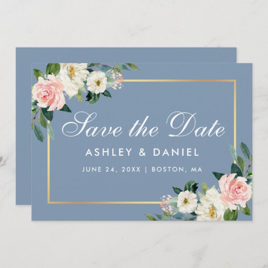 Aquarellfarbe Rosa Weiße Blütenblüte Blau Save The Date (Vorne/Hinten)