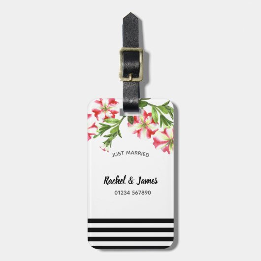 Aquarellfarbe Rosa Weißes Petunias Blumenbild Gepäckanhänger (Vorderseite vertikal)