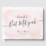 Aquarellfarbe Rosa x Gold Bat Mitzvah Gästebuch<br><div class="desc">Dieses schicke und elegante Fledermaus mitzvah Gästebuch weist einen weißen Hintergrund mit rot rosa Pinselstrichen in Aquarell und Imitat goldenen Spritzern auf. Personalisieren Sie es für Ihre Bedürfnisse. Mehr passende Produkte finden Sie in meinem Geschäft.</div>