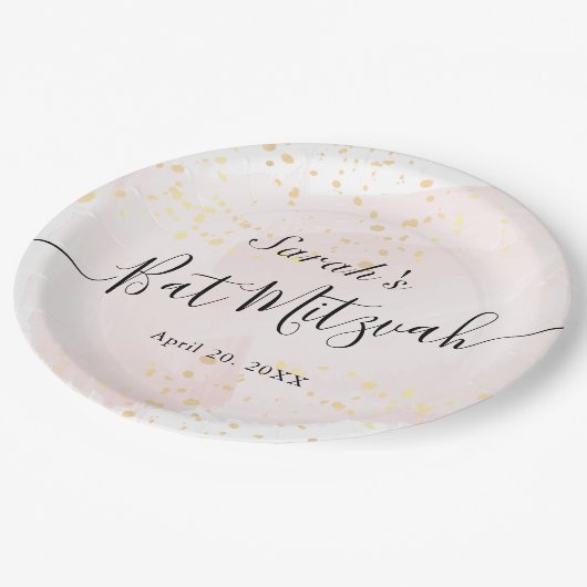 Aquarellfarbe Rosa x Gold Bat Mitzvah Pappteller (Schrägansicht)