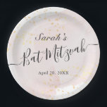 Aquarellfarbe Rosa x Gold Bat Mitzvah Pappteller<br><div class="desc">Diese elegante Fledermaus-Mitzvah-Papierplatte weist einen weißen Hintergrund mit rosa Pinselstrichen in Aquarell und Imitat goldenen Spritzern auf. Personalisieren Sie es für Ihre Bedürfnisse. Mehr passende Produkte finden Sie in meinem Geschäft.</div>
