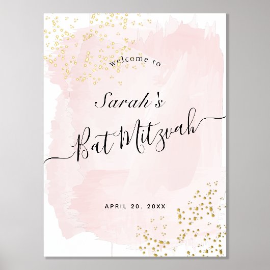 Aquarellfarbe Rosa x Gold Bat Mitzvah Willkommen Foliendrucke (Vorderseite)