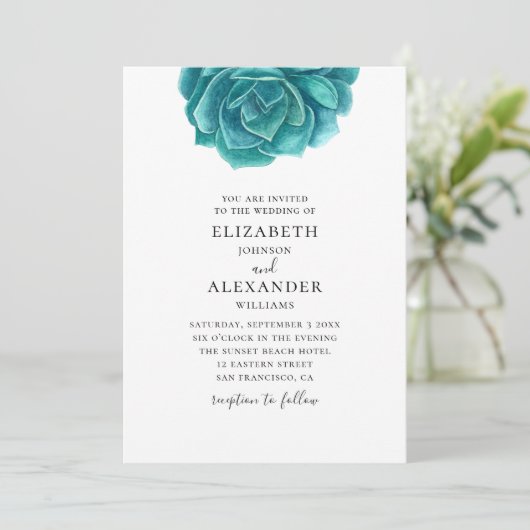 Aquarellfarbe sukkulent. Hochzeit von Blauem und a Einladung (Stehend Vorderseite)