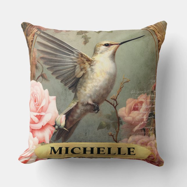 Aquarellfarbe Vintag Weißer Hummingvogel & Rosen Kissen (Vorderseite)