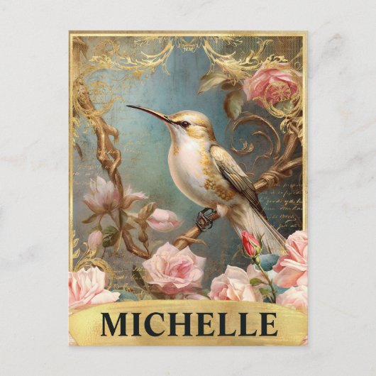 Aquarellfarbe Vintag Weißer Hummingvogel & Rosen Postkarte (Vorderseite)