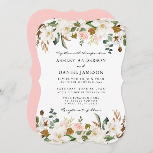 Aquarellfarbe Weiße Magnolias Rosen Hochzeit BR Einladung (Vorne/Hinten)