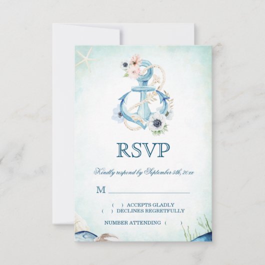 Aquarellfarben Anchor Blume Hochzeit von Starfish RSVP Karte (Vorderseite)