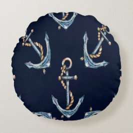 Aquarellfarben Anchors Navy Blue Rundes Kissen
