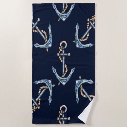 Aquarellfarben Anchors Navy Blue Strandtuch (Vorderseite)
