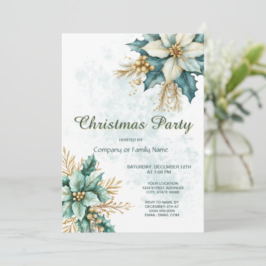 Aquarellfarben Aquamarin Blumenweihnachtsfest Part Einladung (Stehend Vorderseite)