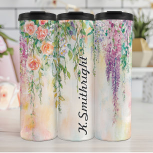 Aquarellfarben beeinflussende Blume mit Rose Thermosbecher