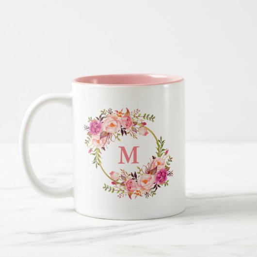 Aquarellfarben Bläschen-Rosa-Gold-Circle Monogram Zweifarbige Tasse (Links)
