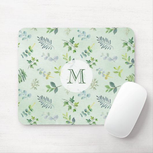 Aquarellfarben Blätter Foliage Greenery Monogram Mousepad (Mit Mouse)