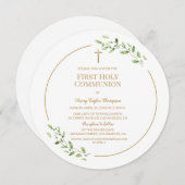 Aquarellfarben Blätter Gold Cross Erste Kommune Einladung (Vorne/Hinten)