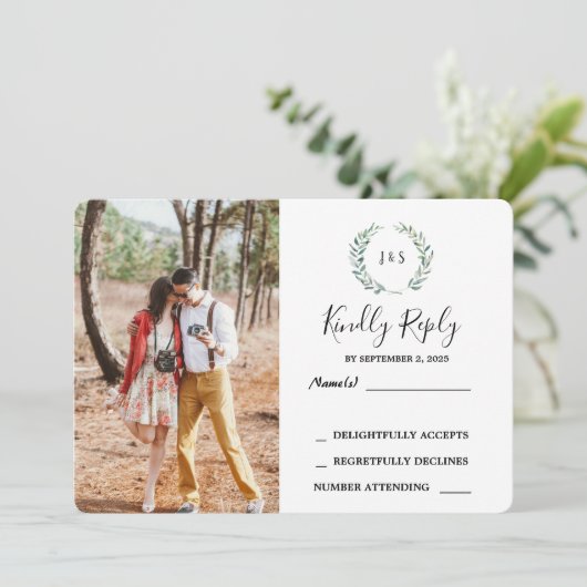 Aquarellfarben Blätter monogramm Foto Hochzeit RSV Einladung (Stehend Vorderseite)