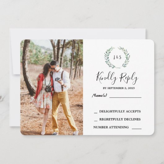 Aquarellfarben Blätter monogramm Foto Hochzeit RSV Einladung (Vorderseite)