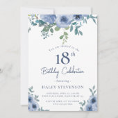 Aquarellfarben Blau Blütenblume 18. Chic Geburtsta Einladung (Vorderseite)