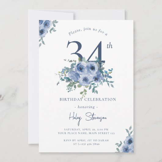 Aquarellfarben Blau Blütenblume 34. Chic Geburtsta Einladung (Vorderseite)