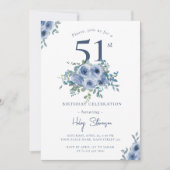 Aquarellfarben Blau Blütenblume 51. Chic Geburtsta Einladung (Vorderseite)