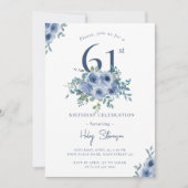 Aquarellfarben Blau Blütenblume 61. Chic Geburtsta Einladung (Vorderseite)