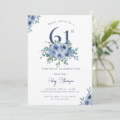 Aquarellfarben Blau Blütenblume 61. Chic Geburtsta Einladung (Stehend Vorderseite)