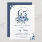 Aquarellfarben Blau Blütenblume 65. Chic Geburtsta Einladung (Vorne/Hinten)